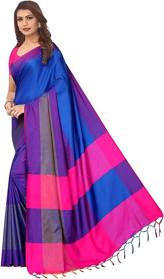 Blue, Purple and Pink Soft Cotton & Silk Banarasi Saree