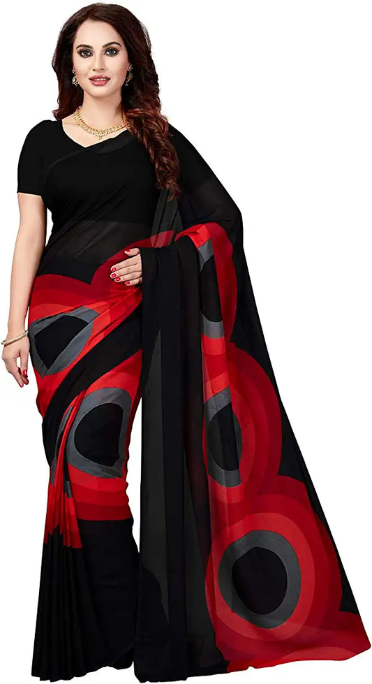 Red and Black Print Georgette Saree