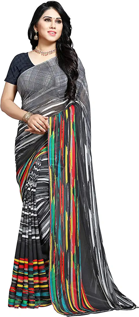 Multi Colour and Black Print Georgette Saree