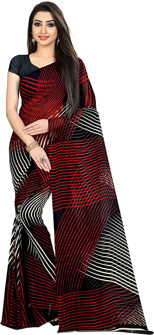 Red and Black Print Georgette Saree