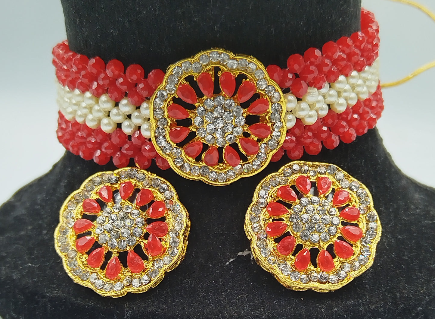RED AND WHITE KUNDAN CHOKER AND EARRING SET