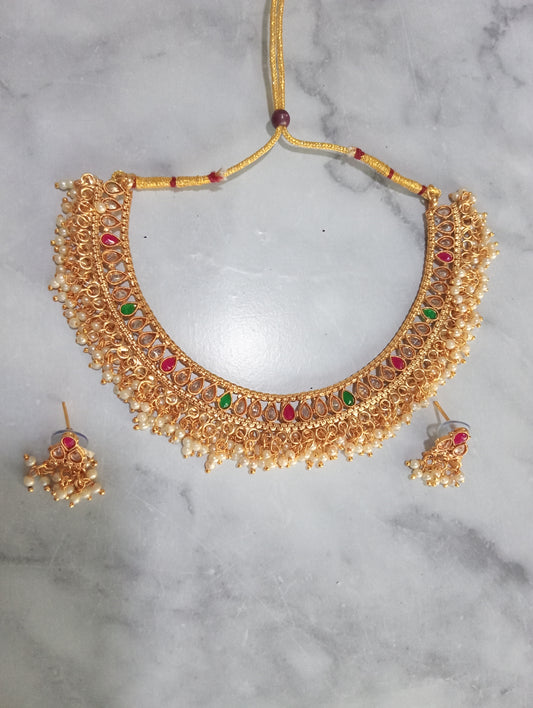 RED, GREEN AND GOLD NECKLACE AND EARRING SET