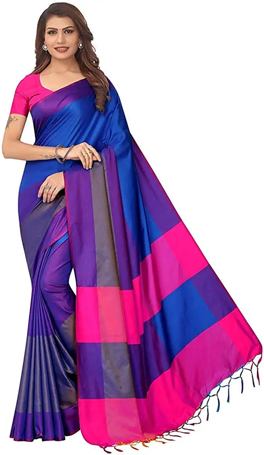 Blue, Purple and Pink Soft Cotton & Silk Banarasi Saree