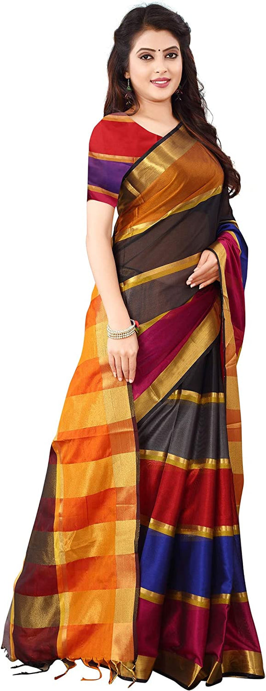 Multi Colour and Blue Soft Cotton & Silk Banarasi Saree