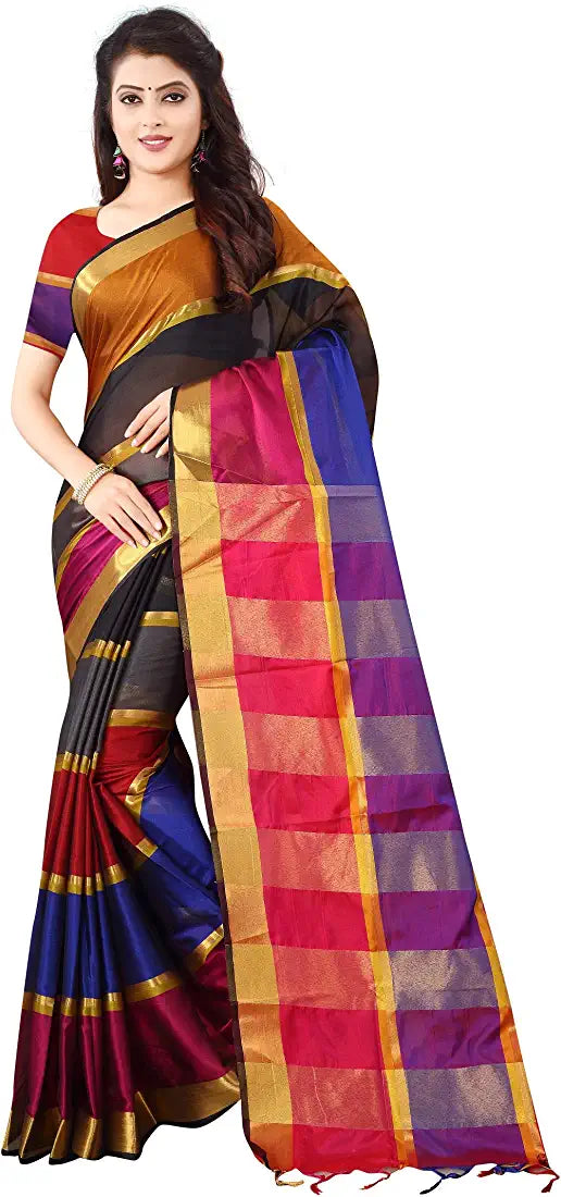 Multi Colour and Blue Soft Cotton & Silk Banarasi Saree