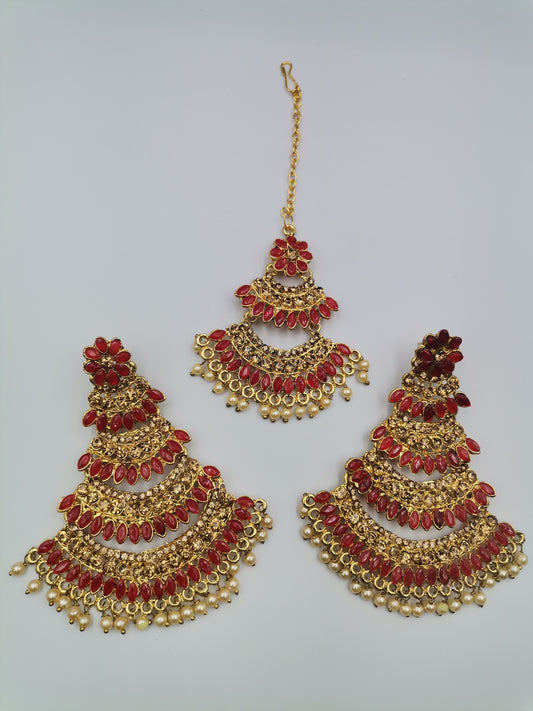 Red and Gold Maang Tikka Set