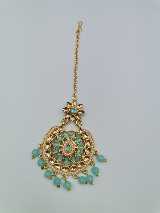 Light Blue Gold Maang Tikka / Damiri / Sirbhandi