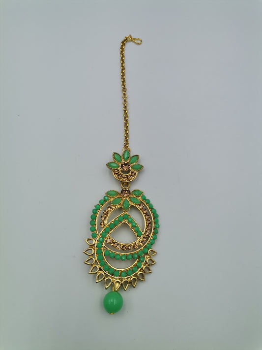 Teal and Gold Maang Tikka / Damiri / Sirbhandi