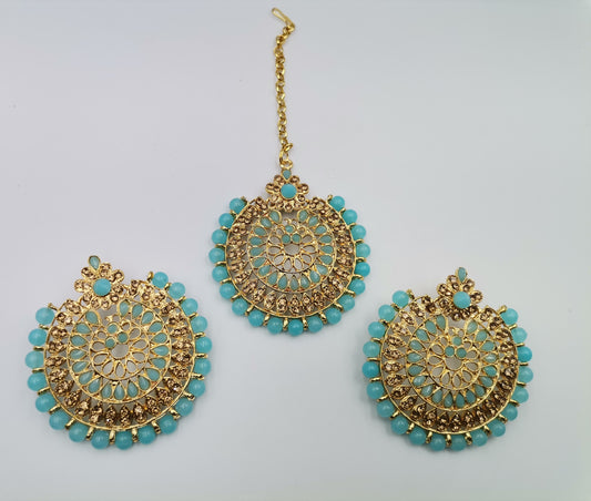Sky Blue and Gold Maang Tikka Set