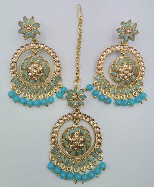 Sky Blue and Gold Maang Tikka Set