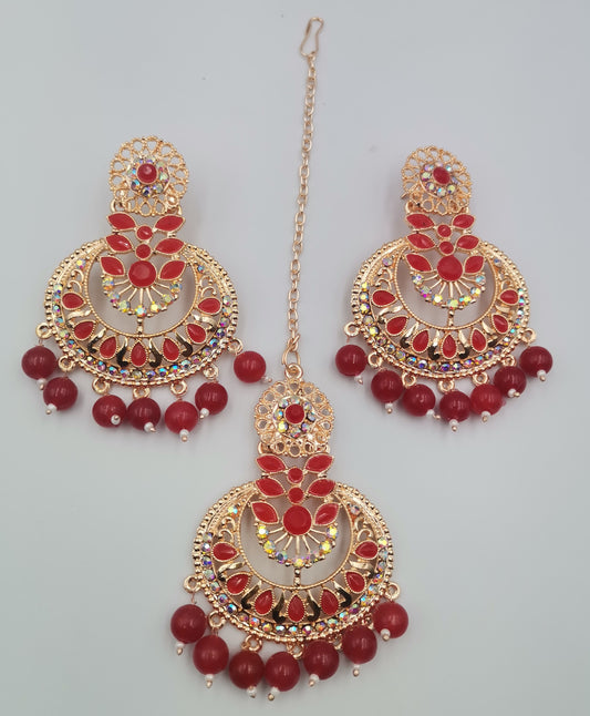 Red and Rose Gold Maang Tikka Set