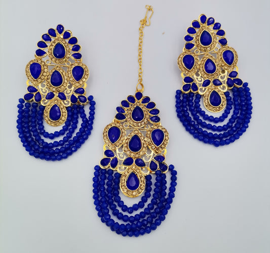 Royal Blue and Gold Kundan Maang Tikka Set