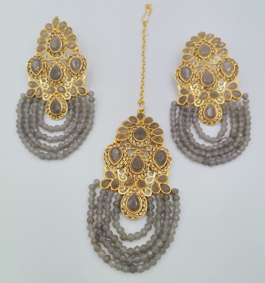 Grey and Gold Kundan Maang Tikka Set