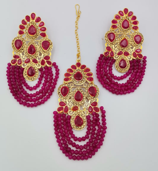 Pink and Gold Kundan Maang Tikka Set