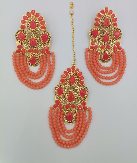Peach and Gold Kundan Maang Tikka Set
