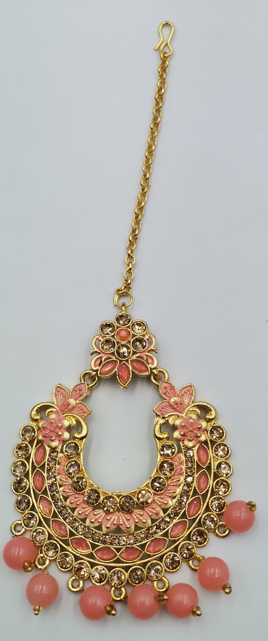 Pink and Gold Maang Tikka / Sirbandi / Damiri