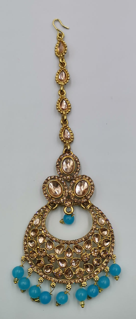 Light Blue and Gold Maang Tikka / Sirbandi / Damiri