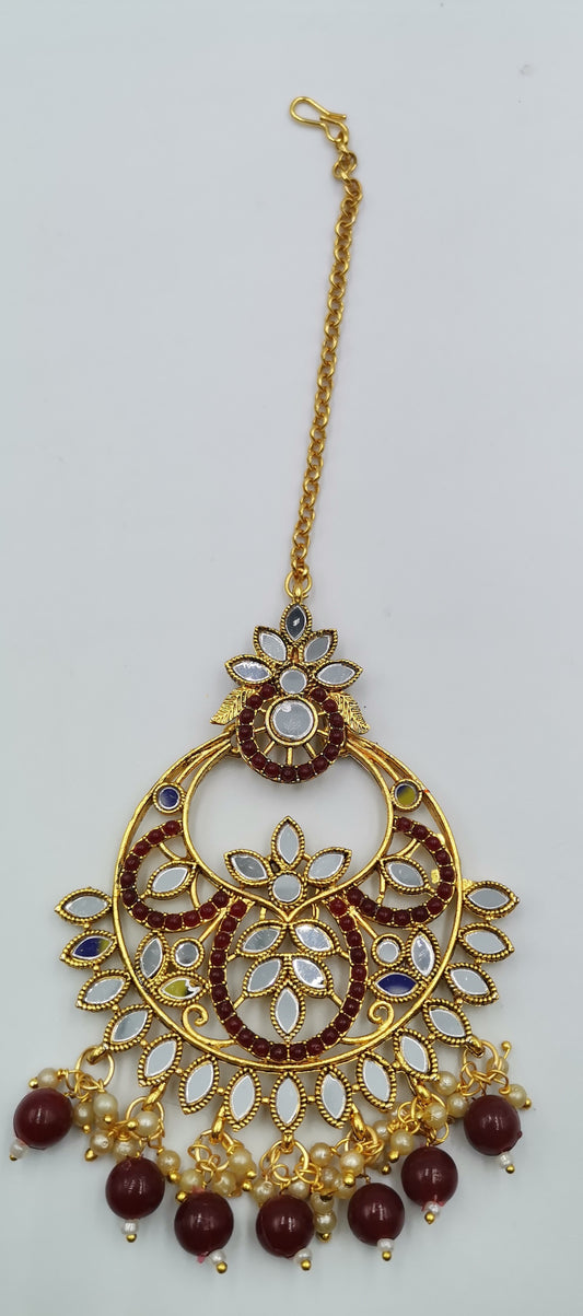 Mirror, Maroon and Gold Maang Tikka / Sirbandi / Damiri