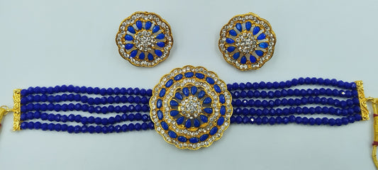 ROYAL BLUE AND WHITE KUNDAN CHOKER AND EARRING SET