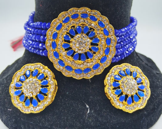 ROYAL BLUE AND WHITE KUNDAN CHOKER AND EARRING SET