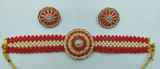 RED AND WHITE KUNDAN CHOKER AND EARRING SET
