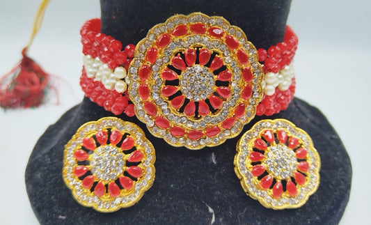 RED AND WHITE KUNDAN CHOKER AND EARRING SET