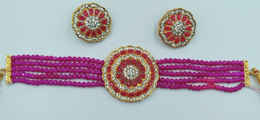 PINK AND WHITE KUNDAN CHOKER AND EARRING SET