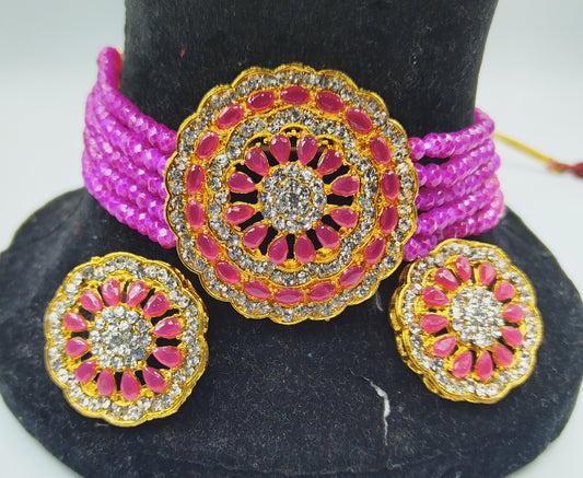 PINK AND WHITE KUNDAN CHOKER AND EARRING SET