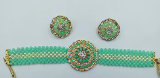 TEAL GREEN AND WHITE KUNDAN CHOKER AND EARRING SET