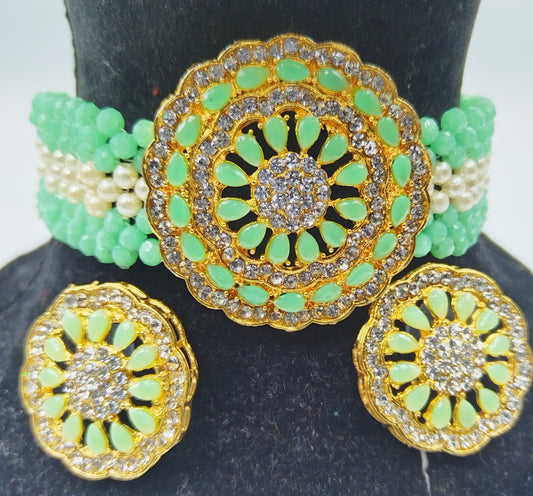 TEAL GREEN AND WHITE KUNDAN CHOKER AND EARRING SET