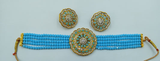 BABY BLUE AND WHITE KUNDAN CHOKER AND EARRING SET