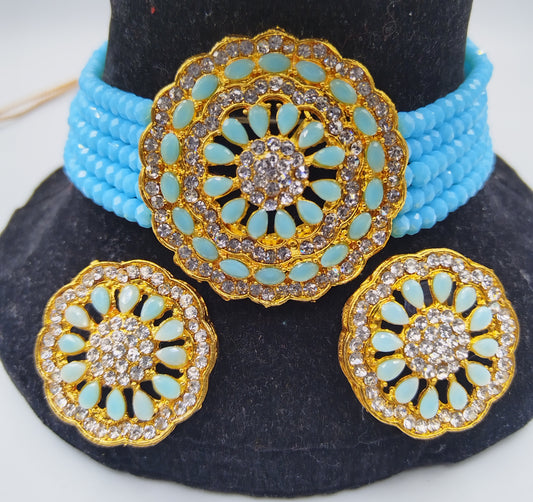 BABY BLUE AND WHITE KUNDAN CHOKER AND EARRING SET