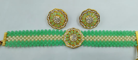 TEAL GREEN AND WHITE KUNDAN CHOKER AND EARRING SET