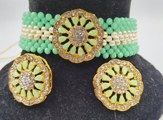 TEAL GREEN AND WHITE KUNDAN CHOKER AND EARRING SET