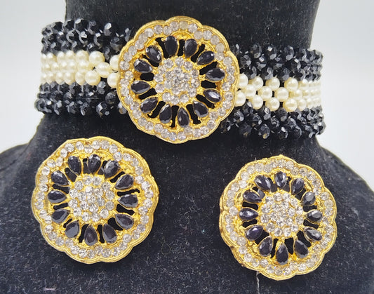 BLACK AND WHITE KUNDAN CHOKER AND EARRING SET