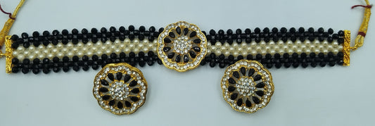 BLACK AND WHITE KUNDAN CHOKER AND EARRING SET