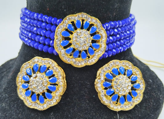 ROYAL BLUE KUNDAN CHOKER AND EARRING SET