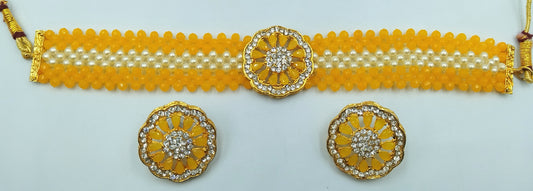 YELLOW AND WHITE KUNDAN CHOKER AND EARRING SET