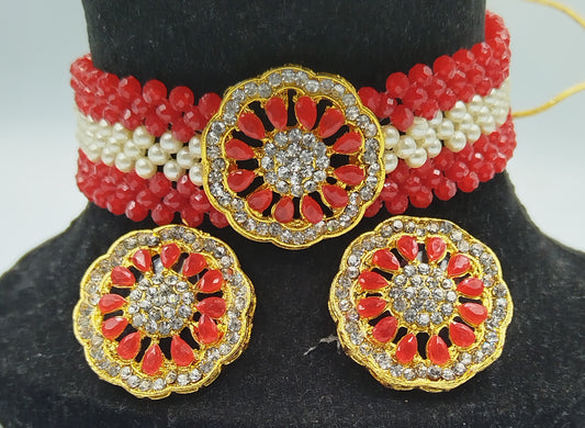 RED AND WHITE KUNDAN CHOKER AND EARRING SET
