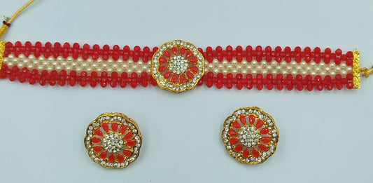 RED AND WHITE KUNDAN CHOKER AND EARRING SET