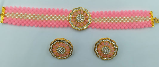 BABY PINK AND WHITE KUNDAN CHOKER AND EARRING SET