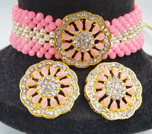 BABY PINK AND WHITE KUNDAN CHOKER AND EARRING SET
