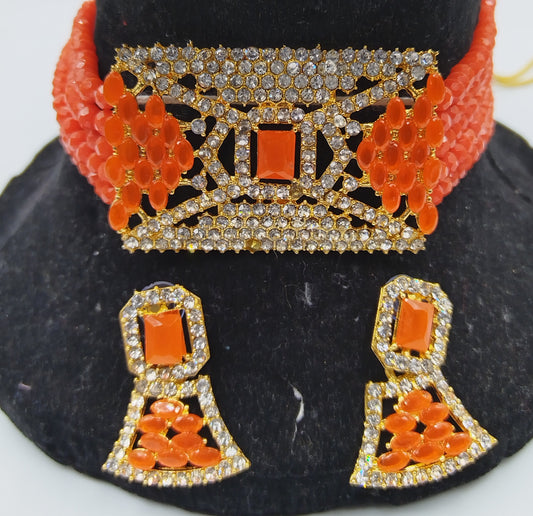 UNIQUE ORANGE KUNDAN CHOKER AND EARRING SET
