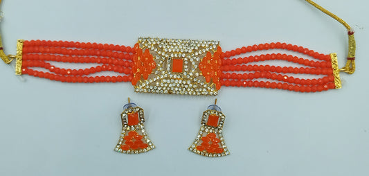 UNIQUE ORANGE KUNDAN CHOKER AND EARRING SET