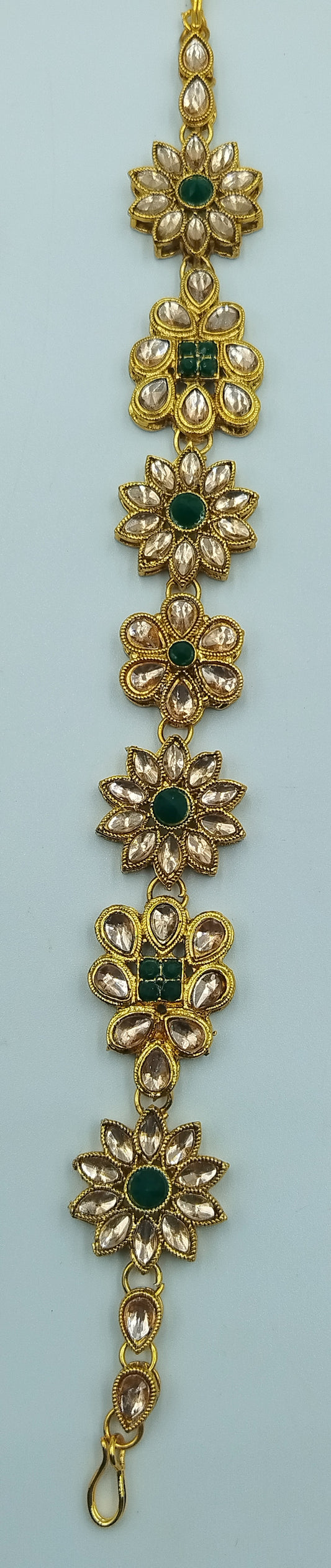 GREEN AND GOLD FLOWER SHAPED MATHA PATHI (ALIA BHATT STYLE MAANG TIKKA)